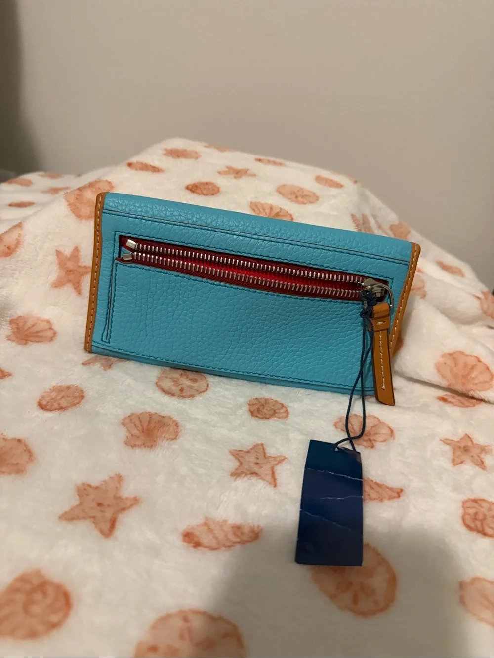 Dooney & Bourke Turquoise Genuine Pebbled Leather Wallet with Tan Trim